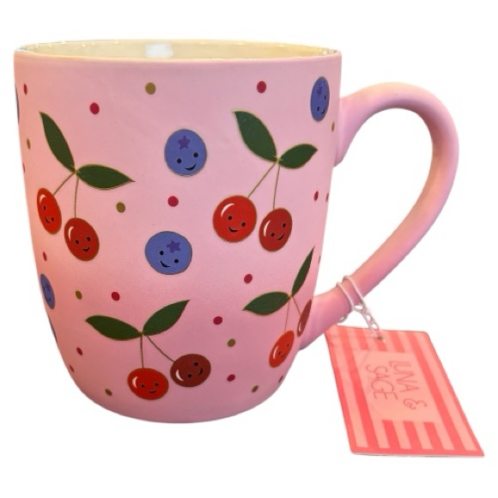 Luna & Sage Pink Smiling Cherry and Blueberry Mug NEW 3.25"H x 4.25"W x 5.25"D